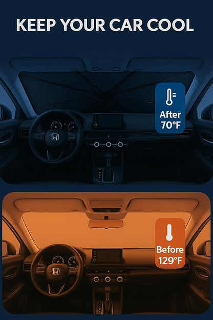Proadsy Windshield Sun Shade Umbrella for Honda HRV HR-V 2024-2025 Foldable Car Umbrella Sunshade with Soft TPU Handle Spring Structure Crystal Cooling Material Protect Car from Rays & Heat