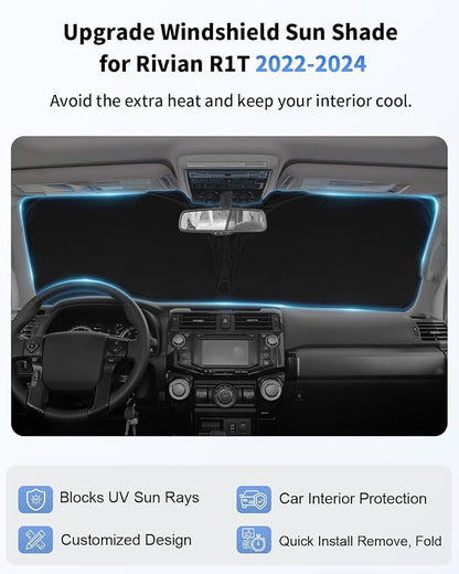 Sunshade for Rivian R1T Windshield Sun Shade Custom Fit for 2022 2023 2024 2025 Rivian R1T Truck Accessories Windshield Cover, 4-Layer Car Front Window Sun Visor Shield Foldable Protector Block UV Ray