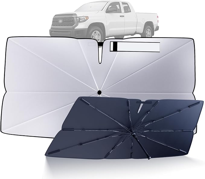 Windshield Sun Shade Umbrella: Custom Fit for 2007-2021 Toyota Tundra SR/SR5/Limited/Platinum/1794 Edition/TRD Pro (XK50) - Foldable Front Window Sunshade, UV & Heat Protection, Keeps Pickup Cool