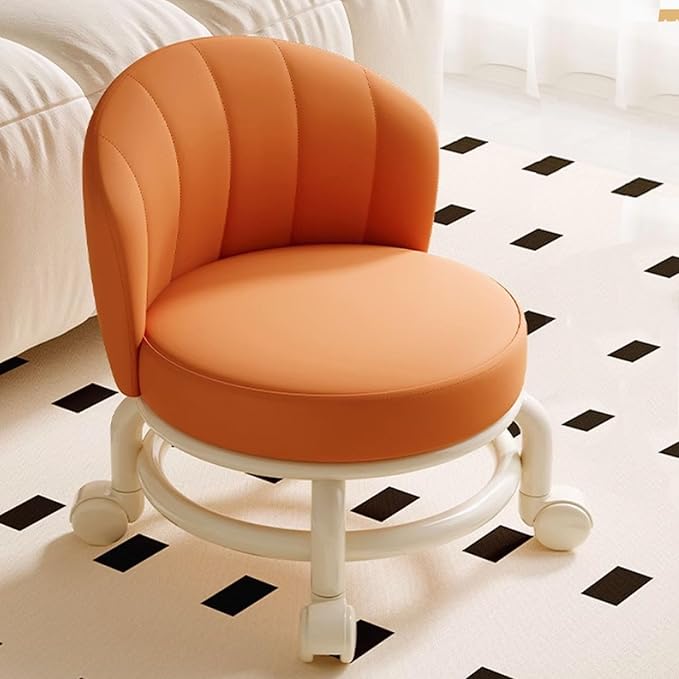 Low Rolling Stool with Backrest,Rolling Pedicure Seat,Low Stool with Wheels for Home, Office, Garage, Shop, Library (Orange)