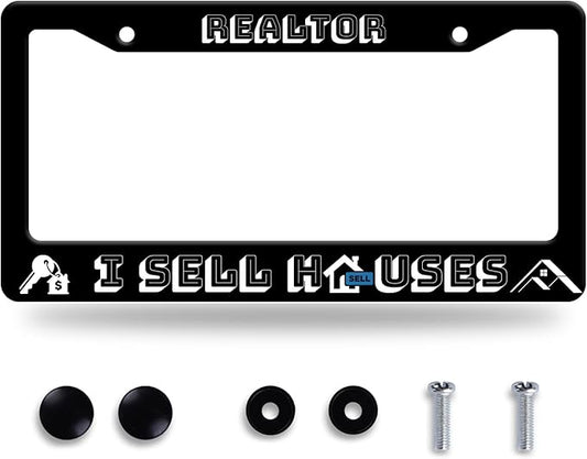 Realtor I Sell Houses License Plate Frame Funny License Plate Stainless Steel Black License Plate Holder Men Women Personalized Car Accessory Decoration 12.3" x 6.3"