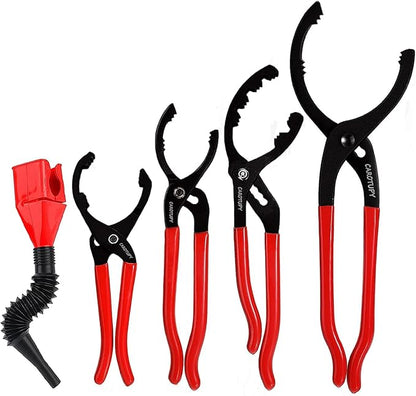 5Pcs Adjustable Oil Filter Pliers Set, Universal Oil Filter Removal Tool with Small Oil Funnel, 10" & 12" & 14" & 16" Oil Fliter Wrench From 1-1/4" to 8-1/2"