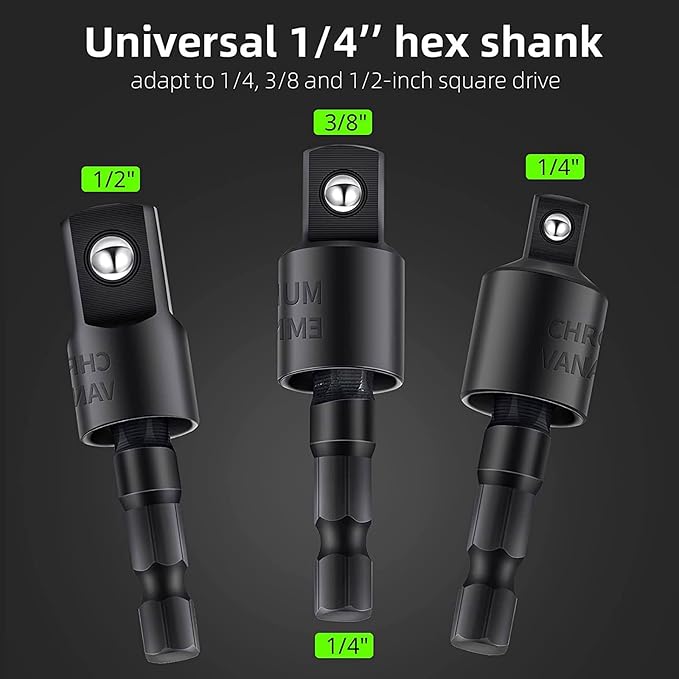 105 Degree Right Angle Drill Adapter Set, 1/4-1/2 Inch Socket Adapters, 4-in-1 Impact Grade Extension Kit with 360° Rotation for Household Workplace Industry