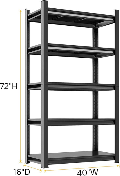 72"H Garage Shelving 3000LBS Capacity Heavy Duty Garage Storage Shelves, Adjustable 5 Tier Metal Industrial Shelf Rack for Kitchen, Utility Room, Warehouse and Basement, Black (16''Dx40''Wx72''H)