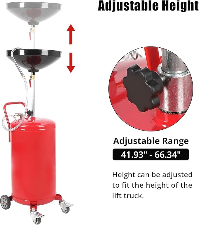 20-Gallon Waste Oil Drain Tank, Air Operated Portable Oil Drainer with Adjustable Funnel Height, Fluid Fuel Transfer Drainage with Wheels, Oil Change Container for Garages, Auto Repair Shops