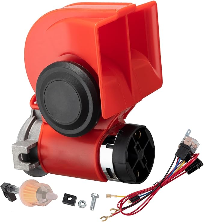 Train Horns kit for trucks,Air Horn for Motorcycle,Train Sound Car Horn Kit 12V Super Loud Electric Bull Horn(red horn with wire, 12v)
