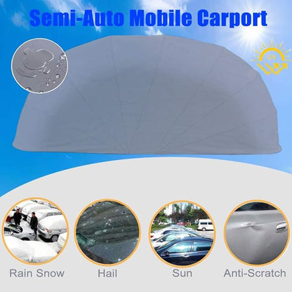 Heavy Duty Stainless Steel Carport, Retractable Car Awning, Semi-Automatic Mobile Folding Garage for Outdoor,Lockable,Durable Shelter,Grey (L5.9 * W2.7 * H2.45m)