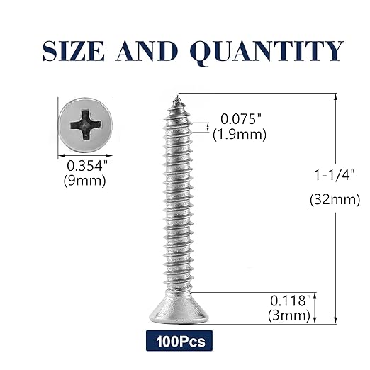 #10 x 1-1/4" Wood Screw 100Pcs 18-8 (304) Stainless Steel Screws Flat Head Phillips Fast Self Tapping Drywall Screws by SG TZH