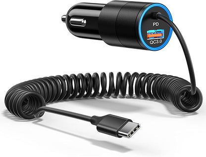 Car Charger USB C,38W Super Fast Car Adapter with PD 3.0 Bulit in 3.5FT USB C Coiled Cable,Car Phone Charger Fast Charging Compatible with iPhone 16/15 Pro Max,Galaxy S25/S24/S23 Note 20/10,Pixel