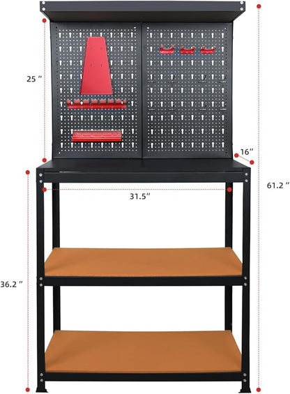 Prostormer Workbench, 31.5 inch Multipurpose Garage Work Bench Table with Peg Board Hook Kit for Home, Garage, and DIY Projects