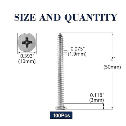 #12 x 2 Wood Screw 100Pcs 18-8 (304) Stainless Steel Screws Flat Head Phillips Fast Self Tapping Drywall Screws by SG TZH