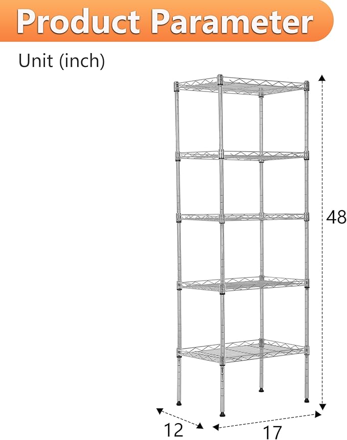 BestOffice 5 Tier Garage Shelving Heavy Duty Metal Shelves 17”D x 12”W x 48”H Easy Assemble Storage Shelves NSF Certified Wire Shelving with Leveling Feet for Garage Home Office, Chrome