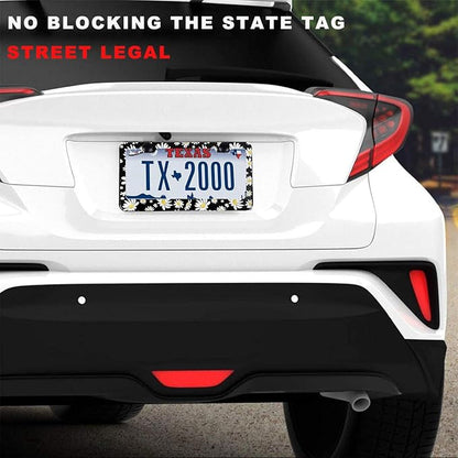 2 Pack Universal Daisy Floral License Plate Frame - Heavy Duty Rustproof Aluminum Matte Black Daisy Car Tag Holder Cover Bracket Fits All Vehicles, Easy Install with Screws Included