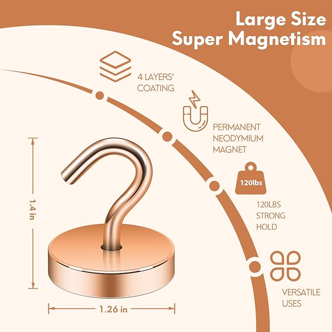 Neosmuk Magnetic Hooks, Cruise Ship Essentials, 120lb+ Heavy Duty Magnetic Hooks for Cruise Cabins, Refrigerator, Grill, Hanging, and Travel | Extra Strong Must-Haves Magnet Hook,Bronze, Pack of 10