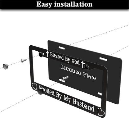License Plate Frames Black and White Front License Plate Bracket Blessed by God Spoiled by My Husband Aluminum Metal Car Accessory 2 Pack with Screw Covers Set