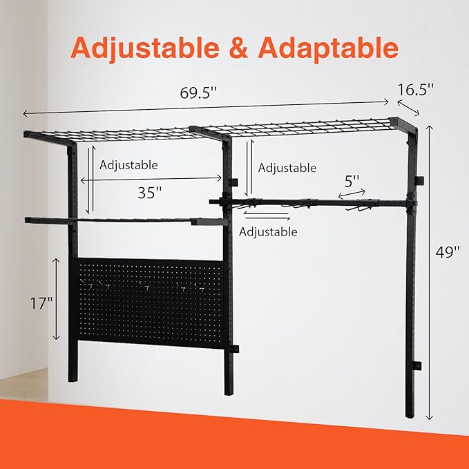 Garage Shelf Wall Mounted with Pegboard Heavy Duty Garage Wall Shelving with Garden Tool Rack and Hooks Garage Tool Organizer for Home Garden Yard Organization and Storage Holds 500lbs