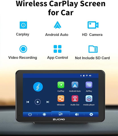 7 Inch Wireless CarPlay Screen for Car, Portable Car Stereo Touch Screen for Apple CarPlay & Android Auto with Backup Camera, Voice Control, BT Music, Navigation, Siri, AUX (Black)