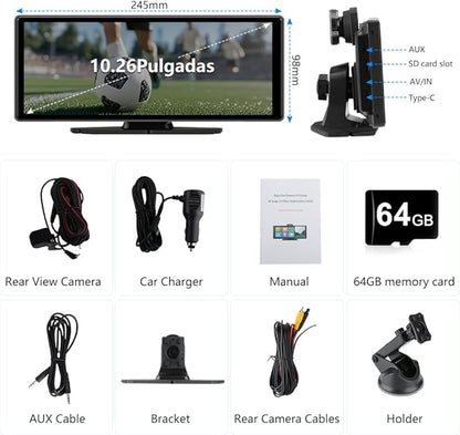 Portable Wireless CarPlay Screen for Car with 4K Dash Cam and 1080P Backup Camera, Car Stereo with 10.26”IPS Touch Screen, Support Carplay/Android Auto/GPS/Bluetooth/Mirror Link/AirPlay