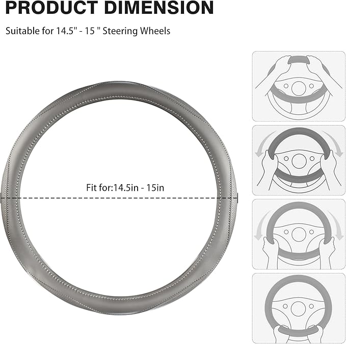 High-Grade Gray Genuine Leather Steering Wheel Cover for Men Women，Real Cowhide Leather Steering Wheel Cover for Cars,Universal 14.5-15 inch Steering Wheels