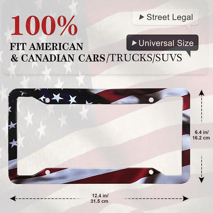 2Pack American Flag License Plate Frame - Rustproof Aluminum Patriotic Car Tag Holder Bracket Fits All Vehicles, US Flag License Plate Frame with Screws Included