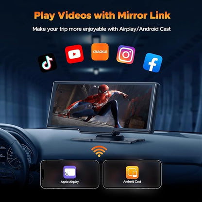 Volam Wireless Carplay Screen for Car with 2.5K Dash Cam, 1080p Backup Camera, 9.26" Portable Car Stereo with Apple Carplay Android Auto, Mirror Link, Loop Recording, GPS Navigation, AUX/FM
