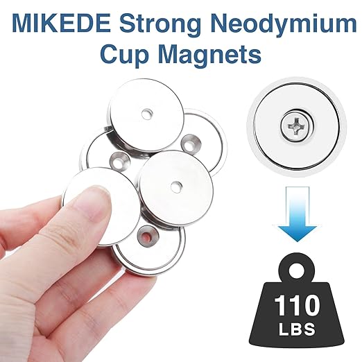 MIKEDE Strong Magnets Heavy Duty, 110LB Neodymium Cup Magnets with Countersunk Hole, Stainless Screw for Wall Mounting, Rare Earth Round Base Disc 1.26" D x 0.2" H - 10 Pack
