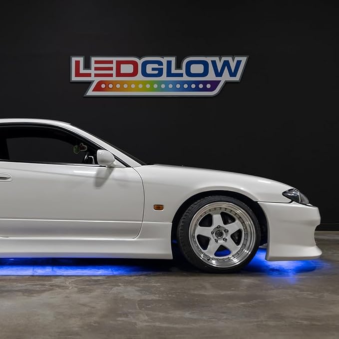 LEDGlow 4pc Blue LED Flexible Car Slimline Underbody Underglow Accent Neon Lighting Kit - 4 Unique Patterns - Water Resistant, Low Profile Light Tubes - Includes Control Box & Remote