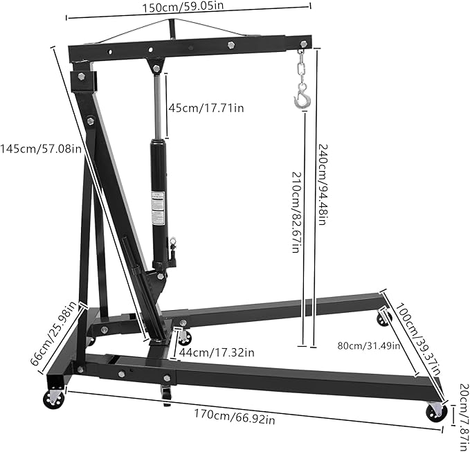 LOYALHEARTDY 1 Ton Hydraulic Engine Hoist, Folding Engine Lift with 6 Wheels, Heavy Duty Steel Shop Engine Crane, Cherry Picker Engine Hoist for Garage, Workshop, 2200 LBS (Black, 1 Ton)