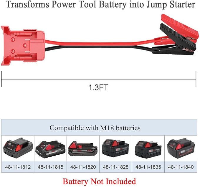 Jumper Cables alligator clips Compatible with Mil.waukee M18 18V Batteries, Silicone wire 8AWG 1.3FT Automotive Booster Cables for Jump Starting Tool Battery, Temperature resistance 392℉ 200℃