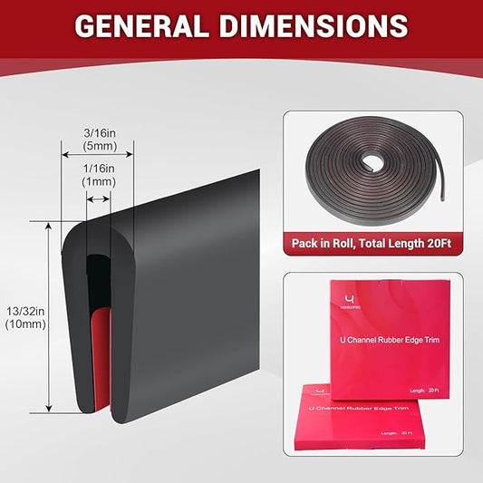 Rubber Edge Trim, 1/16" Self Adhesive Flexible U Channel Edge Protecter for Sheet Metal, Car Doors, U Shaped Sharp Edge Protecter, Fit for 0-3/32" Thick Edge, Black Color, 20Ft, EPDM Material
