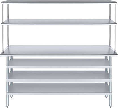 Amgood 14" x 72" Stainless Steel Work Table with 3 Shelves and 12" Wide Double Tier Overshelf | Metal Kitchen Prep Table & Shelving Combo | NSF