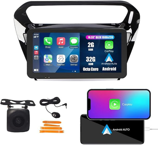 Kunfine Car CarPlay Android Auto Navigation Stereo GPS Radio Camera Display 10.33" QLED Touchscreen Headunit Tablet Media Player for Peugeot 301 2013-2022, if Applicable Octa Core 2G+32G Gloss Black