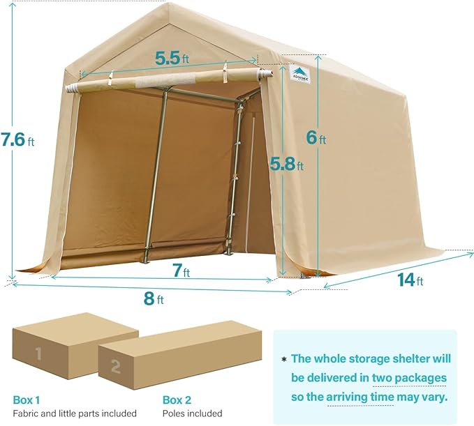 ADVANCE OUTDOOR 8X14 ft Steel Metal Peak Roof Portable Garage Shelter Storage Shed Carport for Motorcycle Bike or Garden Tools with 2 Roll up Doors & Vents, Beige