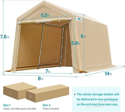 ADVANCE OUTDOOR 8X14 ft Steel Metal Peak Roof Portable Garage Shelter Storage Shed Carport for Motorcycle Bike or Garden Tools with 2 Roll up Doors & Vents, Beige