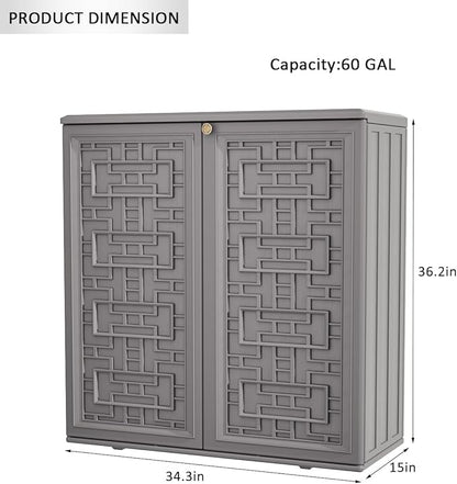 KINYING Outdoor Storage Cabinet Waterproof, Resin 60 Gallon Deck Box for Patio Furniture Cushions, Garden Tools, Pool Tools and Kids’ Toys (Grey with 1 Shelving)