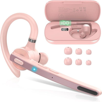 Bluetooth Headset, Wireless Bluetooth 5.3 Earpiece, 90Hrs Hands Free Headset with APTX HD Audio & Mute Button, Dual Noise Cancelling Mics, Single-Ear Headphone for Trucker/Business/Gym/Pink