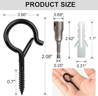 96 PCS Q-Hanger Hooks, Screw Hooks for Outdoor String Lights, Safety Buckle Design Cup Eye Hook for Hanging Christmas Lights, Plants, Mounted on Wall Ceiling, Include 1 Wing Nut Driver, Black