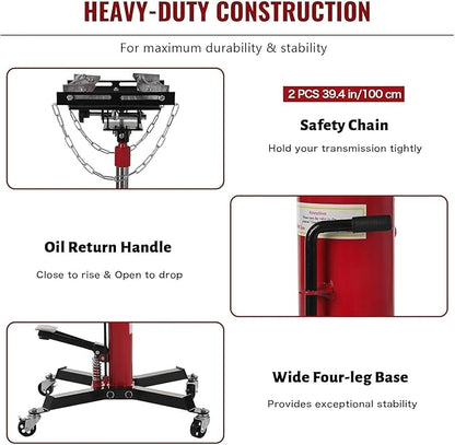 Transmission Jack with 1 Stage Hydraulic Ram, 1322 LBS Hydraulic Telescoping Transmission Jack with Foot Pedal & 360° Swivel Wheels, Heavy-Duty Garage/Workshop Jacks for Car/Truck Repairs, Red