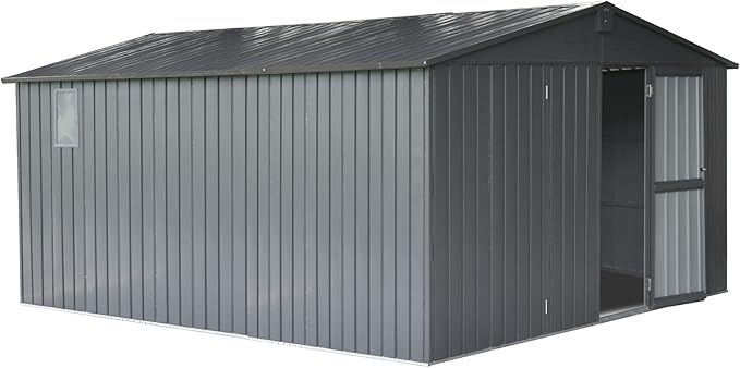 IKERY Extra - Large Galvanized Steel Storage Shed - 11' x 12.5' with Windows and Lock, Garden and Utility Tool Shed for Backyard and Patio, Dark Gray