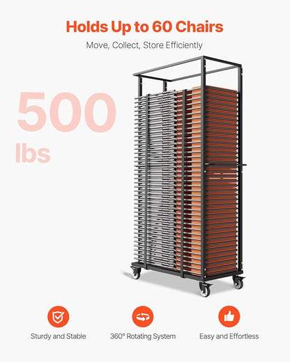 VEVOR Folding Chair Rack, 500 LBS Capacity, Heavy-Duty Chair Cart for 60 Chairs, Metal Chair Storage Dolly Chair Holder with Swivel Casters and Locking Wheels, for Party Event,Hotel,Matte Black