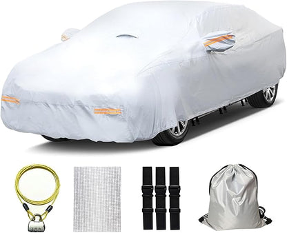 30 Layers Heavy Duty Car Cover for Automobiles All Weather Waterproof, Outdoor Snowproof UV Protection Windproof, Door Zipper, Soft Cotton Universal Car Covers (Silver, Fit Sedans 171"-180")