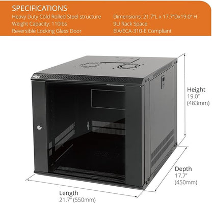 Tecmojo 9U Wall Mount Server Cabinet IT Network Rack Enclosure Lockable Door and Side Panels Black,Cooling Fan, Glass Door, 17.7inch Depth,for 19” IT Equipment, A/V Devices