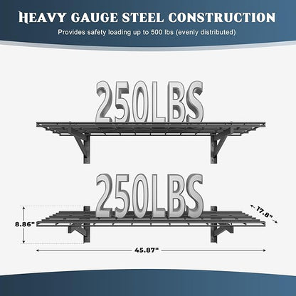 2 Pack Heavy Duty Garage Wall Shelving Set (1.5x4ft), Wall Mounted Garage Shelves 500lbs Capacity, 18"x48" Shelf Storage Rack Floating Shelves, Black