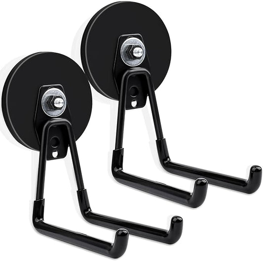 MIN CI 2 Pack Magnetic Hooks, 3.46" (88 mm) Heavy Duty, Black, Neodymium & Rubber, 35 lbs Max Weight, Industrial Style, Garage, Workshop, Kitchen, Pegboard, Metal Cabinets