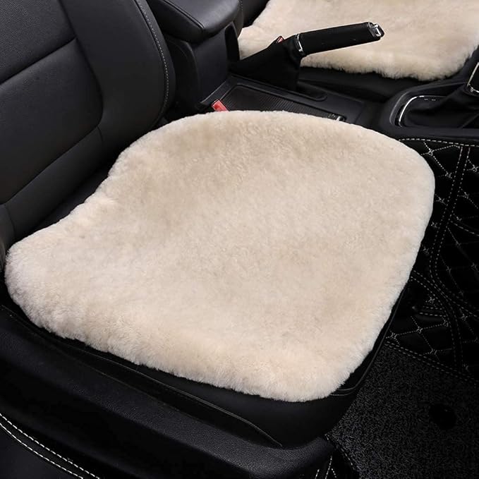 Fluffy Genuine Sheepskin Car Seat Cover for Auto Fuzzy Interior Accessories Cushion with Soft Wool Natural Fur Non-Slip (Pearl, Front20*20Inch)