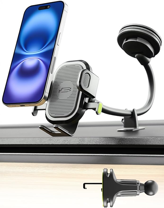 Bracketron OneClick Flexible Phone Holder for Car Dashboard,Windshield & Vent,3 in 1 Car Phone Holder with 7" Adjustable Gooseneck Arm,360 Rotation Car Phone Mount for All iPhone Android Smartphone.
