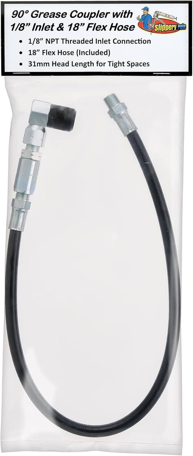 Slippery Pete 90 Degree Grease Gun Coupler - 18 Inch Flex Hose, Threaded Connection, Swivel Head, Grease Gun Fittings Compatible, 31mm Length Head for DIY Mechanics, Garage and Auto Mechanics