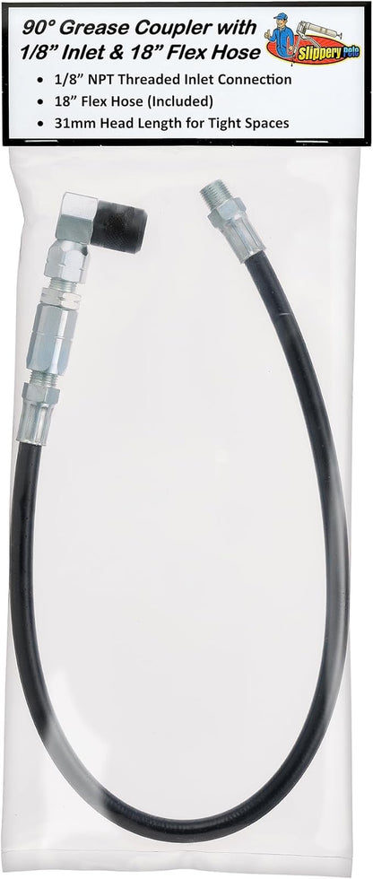 Slippery Pete 90 Degree Grease Gun Coupler - 18 Inch Flex Hose, Threaded Connection, Swivel Head, Grease Gun Fittings Compatible, 31mm Length Head for DIY Mechanics, Garage and Auto Mechanics