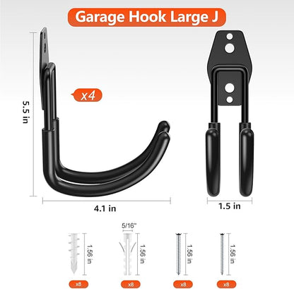 4 Pack 5.5x4.1 Inch Utility Steel Wall Mount Heavy Duty Garage Hooks with Anti-Slip Coating,Storage More Yard,Garden and Power Tools and for Hanging Hose,Ladder and Bike