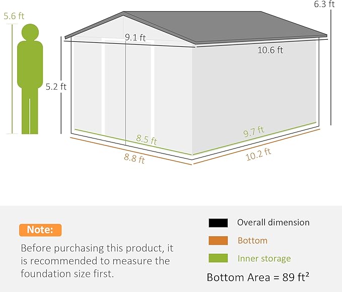 Outsunny 11' x 9' Outdoor Storage Shed, Garden Tool Metal Shed with Foundation Kit, Double Lockable Door, Air Vents and Sloping Roof, for Backyard, Patio, Lawn, Dark Gray